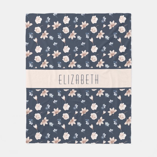 Monogram Namn  Rosa Navy Blue Blommigt Fleecefilt (Framsidan)
