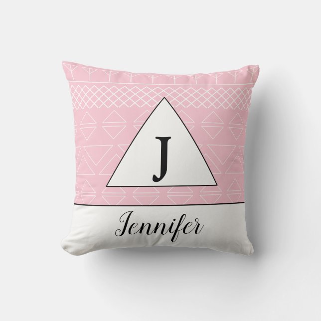 Monogram Namn Rosa Vit Geometric Mönster Kudde (Framsida)