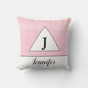 Monogram Namn Rosa Vitt Geometriskt Mönster Kudde
