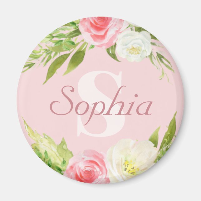 Monogram Namn Rosa Watercolor Blommigt Magnet (Framsidan)