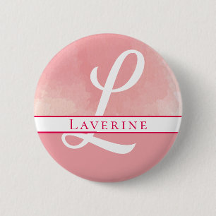 Monogram Namn Rosa Watercolor Knapp