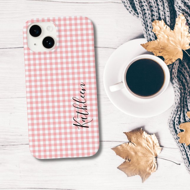 Monogram Namn Rosa White Gingham Check Play Play (Monogrammed Pink White Gingham iPhone case)