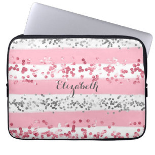 Monogram Namn Rosa White Grått Glitter Trendig Laptop Fodral