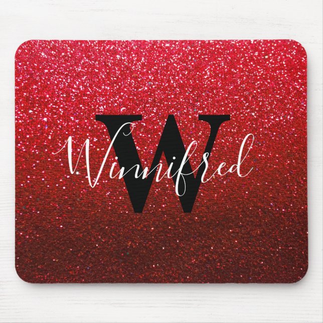Monogram Namn Ruby Red Ombre Glitter Sparkles Musmatta (Framsidan)