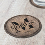 Monogram Namn Rustic Faux Wooden Underlägg Papper Rund<br><div class="desc">Monogram Papper Underlägg av den ursprungliga familjen Namn Rustic Faux Wooden.</div>