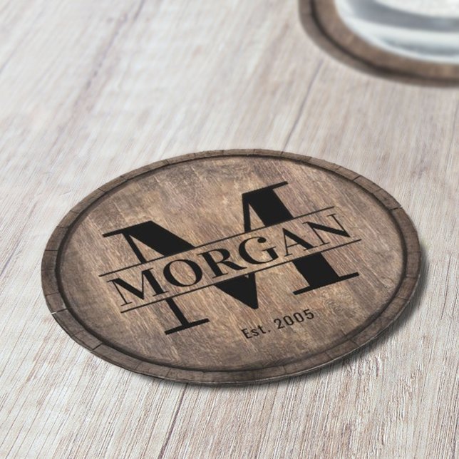 Monogram Namn Rustic Faux Wooden Underlägg Papper Rund (Skapare uppladdad)