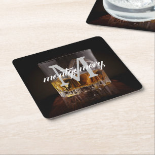 Monogram Namn Rustic Whiskey-glas Underlägg Papper Kvadrat