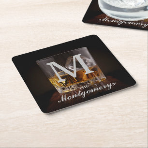 Monogram Namn Rustic Whiskey-glas Underlägg Papper Kvadrat