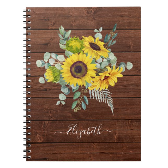 Monogram Namn Rustic Wood Solrosfoto Anteckningsbok (Framsidan)