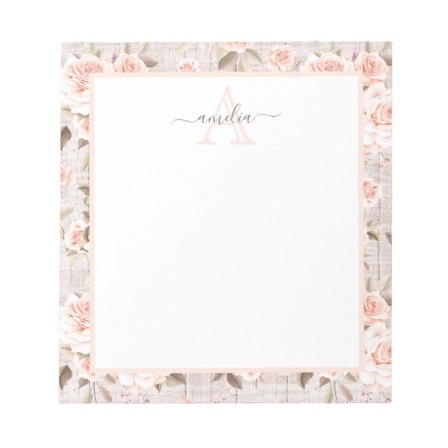 Monogram Namn Rustic Wood & Vintage Ro Romantic Anteckningsblock (Framsida)