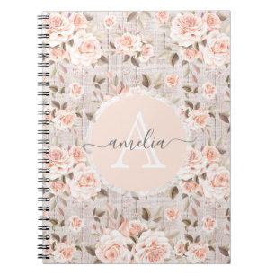 Monogram Namn Rustic Wood & Vintage Ro Romantic Anteckningsbok