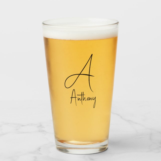 Monogram Namn Simple Black Script Beer Glaskopp (Framsida fylld)