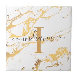 Monogram Namn-skript Initial Guld Marble Mönster Kakelplatta