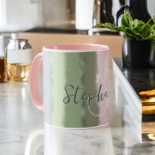 Monogram namn-skript, ombre grönt pulver lila mugg