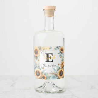 Monogram namn solblommor vattenfärg modern spritflaskor etikett