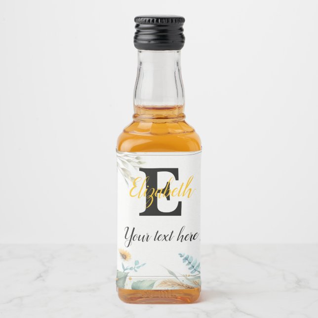 Monogram namn solblommor vattenfärg modern spritflaskor etikett (Framsida)