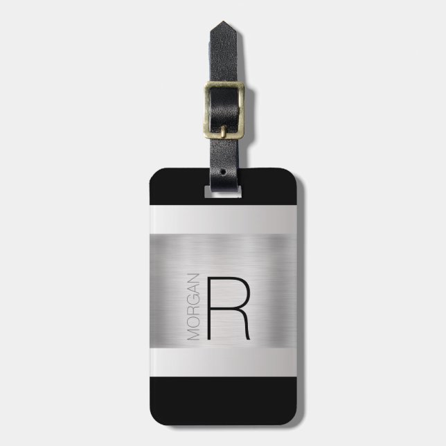 Monogram & Namn, Svart Grå Text, Borstad Silver Bagagebricka (Vertikal Framsida)