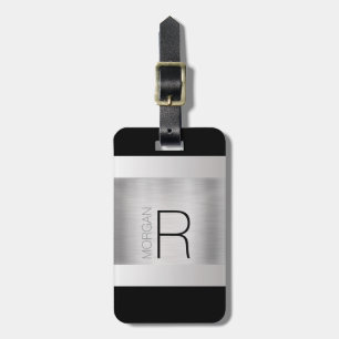 Monogram & Namn, Svart Grått Text, Brudad Silver Bagagebricka