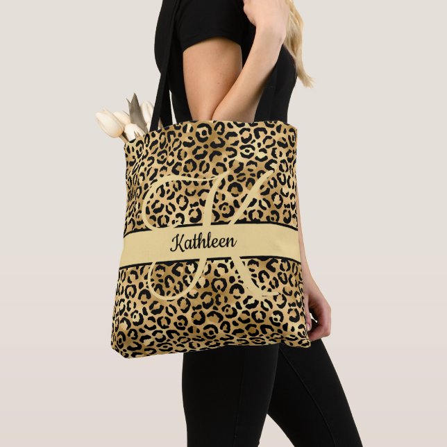 Monogram Namn Svart Guld Leopardtryck Brudtärna  Tygkasse (Närbild)