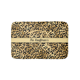 Monogram Namn Svart Guld Leopardtryck Gepard Badrumsmatta