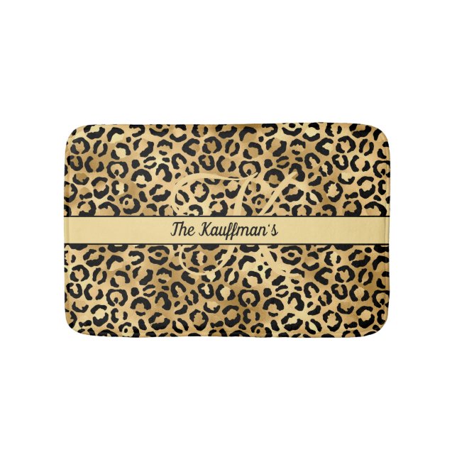 Monogram Namn Svart Guld Leopardtryck Gepard Badrumsmatta (Framsidan)
