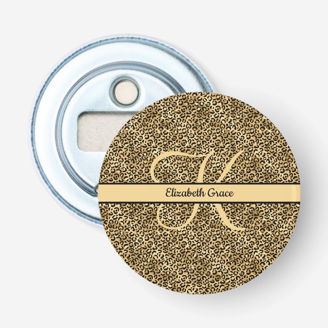 Monogram Namn Svart Guld Leopardtryck Gepard Flasköppnare (Framsidan)