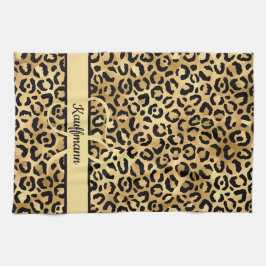 Monogram Namn Svart Guld Leopardtryck Gepard Kökshandduk