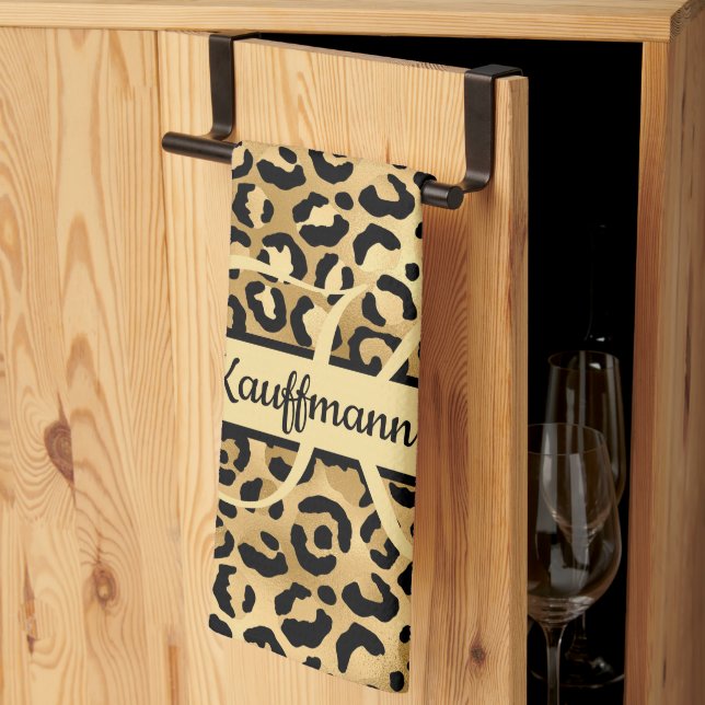 Monogram Namn Svart Guld Leopardtryck Gepard Kökshandduk (Thirds Fold)