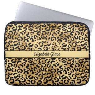 Monogram Namn Svart Guld Leopardtryck Gepard Laptop Fodral