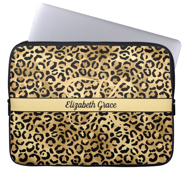 Monogram Namn Svart Guld Leopardtryck Gepard Laptop Fodral (Framsidan)