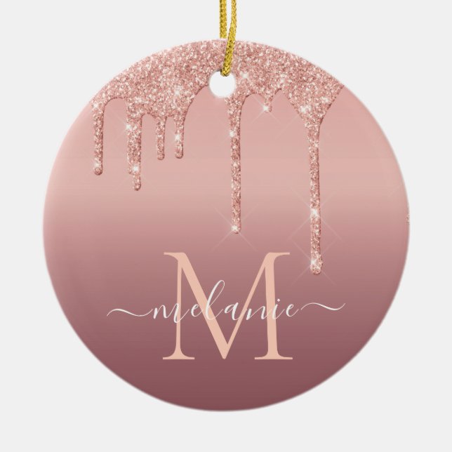Monogram Namn Text Ro Guld  Gnistran Glitter Julgransprydnad Keramik (Framsidan)
