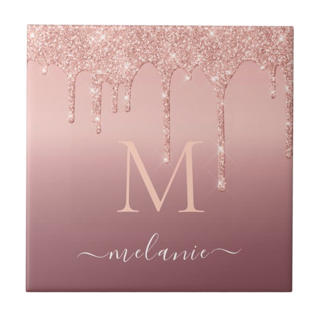 Monogram Namn Text Ro Guld  Gnistran Glitter Kakelplatta (Framsidan)