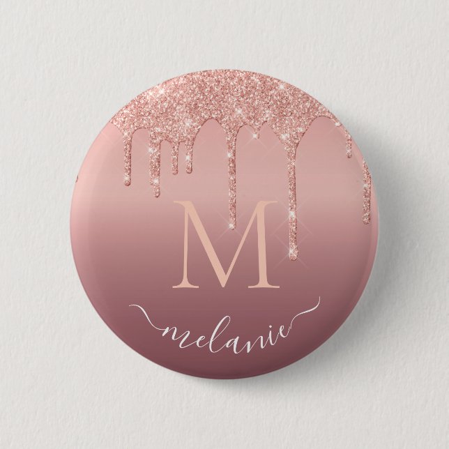 Monogram Namn Text Ro Guld  Gnistran Glitter Knapp (Framsida)