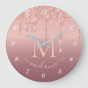 Monogram Namn Text Ro Guld Gnistran Glitter Stor Klocka