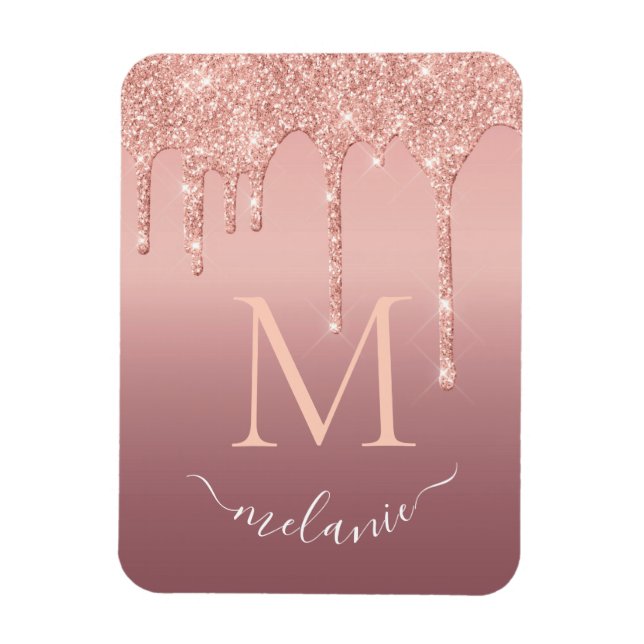 Monogram Namn Text Roséguld Rosa Glitter Glitter Magnet (Vertikal)