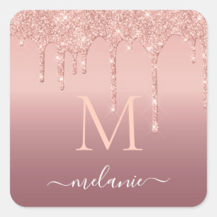Monogram Namn Text Roséguld Rosa Glitter Gnistrand Fyrkantigt Klistermärke