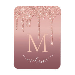 Monogram Namn Text Rosguld Rosa Glitter Gnistrande Magnet