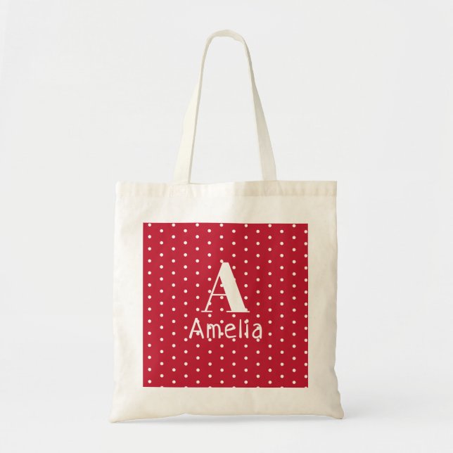 Monogram Namn Typography Red Polka dots Mönster Tygkasse (Framsidan)