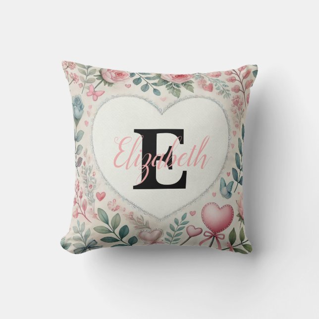 Monogram namn Vintage-hjärtan blommigt vattenfärg Kudde (Framsida)
