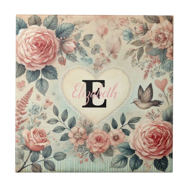 Monogram namn vintage romantic hearts rosa blommig kakelplatta (Framsidan)
