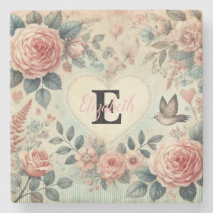 Monogram namn vintage romantic hearts rosa blommig stenunderlägg