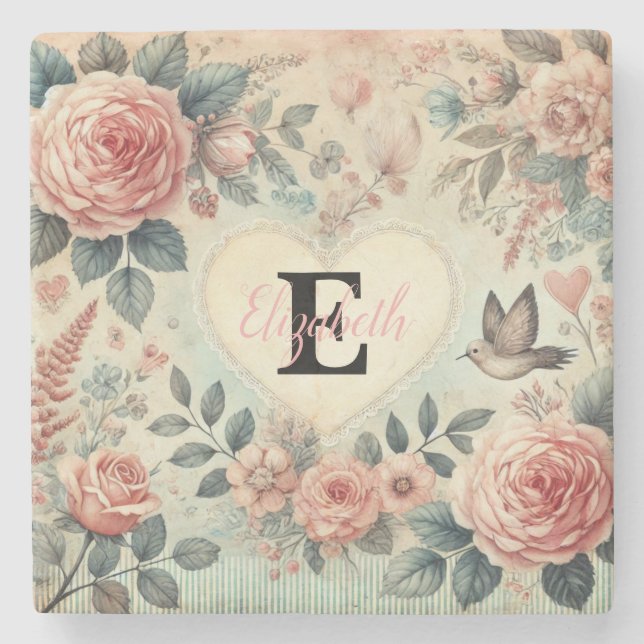 Monogram namn vintage romantic hearts rosa blommig stenunderlägg (Framsidan)