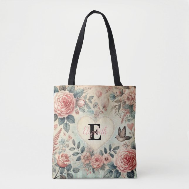 Monogram namn vintage romantic hearts rosa blommig tygkasse (Framsida)