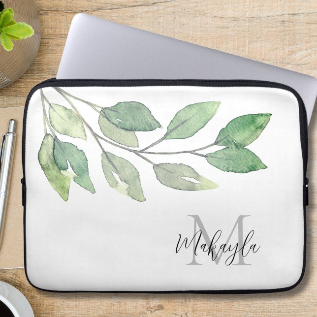 Monogram Namn Watercolor Greenery Laptop Fodral (Skapare uppladdad)