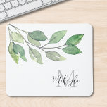 Monogram Namn Watercolor Greenery Musmatta<br><div class="desc">Den här unika musknappen för personlig är dekorerad med vattenfärgsgrön och snyggtens skripttypografi. Anpassade enkelt med ditt namn och monogram. Ursprunglig vattenfärg © Michele Davies.</div>