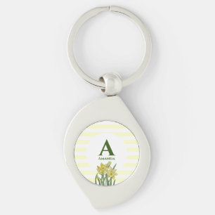 Monogram Namn Watercolor Gult Daffodils Rand Swirl Silverfärgad Nyckelring