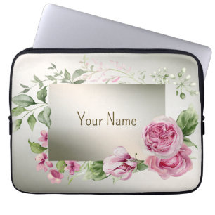 Monogram Namn Watercolor Rosa Blommigt Ram Bronze Laptop Fodral