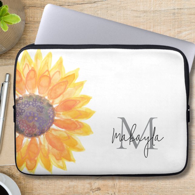 Monogram Namn Watercolor Solros Laptop Fodral (Skapare uppladdad)