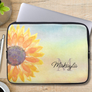 Monogram Namn Watercolor Solros Laptop Fodral