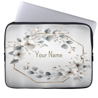 Monogram Namn Watercolor White Flower Golden Ram Laptop Fodral